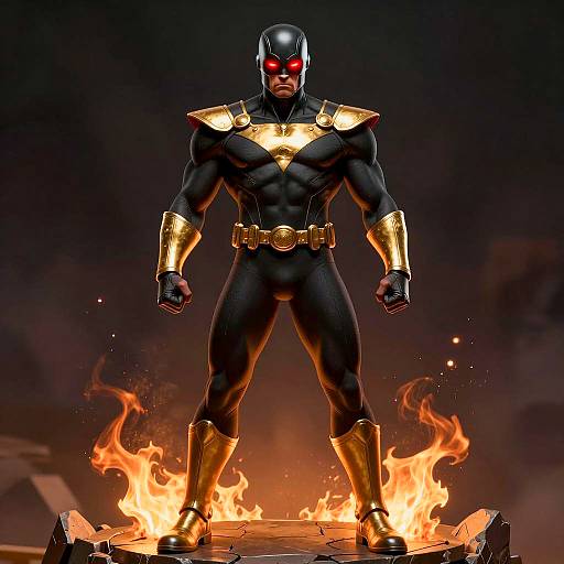 Muscular Superhero with Red Glowing Eyes and Gold Accents