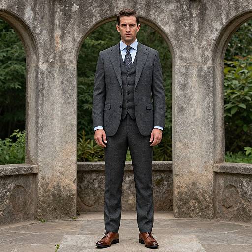 Photograph of a serious, dark-haired man in a dark gray three-piece suit, white shirt, and brown shoes, standing in front of a weather