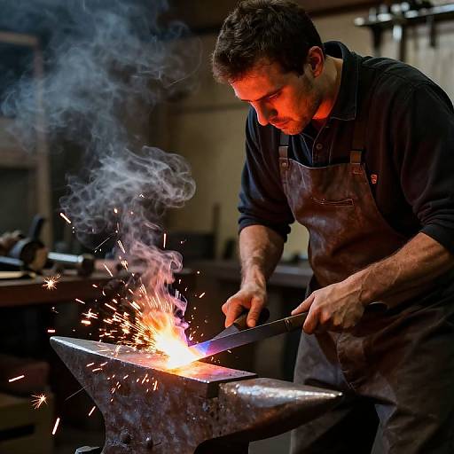 Photograph of a focused male blacksmith with short brown hair, wearing a dark apron, striking a glowing, sparking anvil with a hammer,