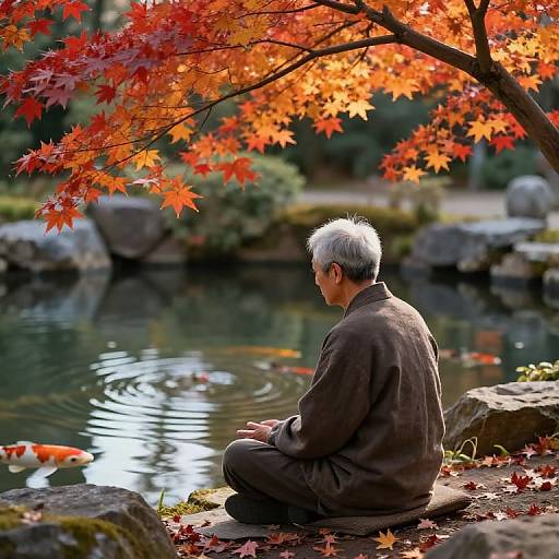 Photograph of an elderly man with white hair, sitting by a tranquil pond, surrounded by vibrant autumn leaves and red koi fish.