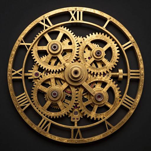 Detailed CGI image of a gold, intricate clock mechanism with interlocking gears, Roman numerals, and purple jewels against a black background.