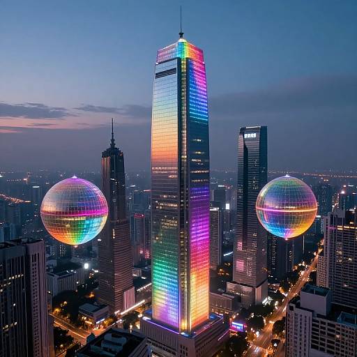 Photograph of a cityscape at dusk, featuring a towering, rainbow-lit skyscraper with two illuminated, spherical, disco-ball-like structures flanking