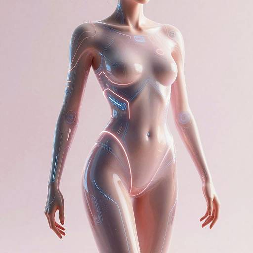Digital artwork of a glowing, futuristic, nude female figure with neon blue and pink circuit-like patterns, standing against a white background.