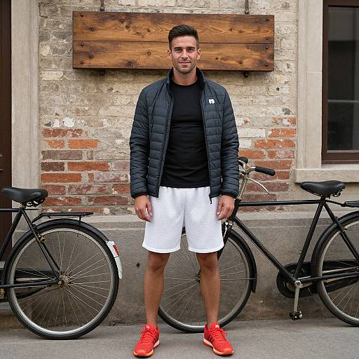 Photograph of a muscular man with short dark hair, wearing a black jacket, black shirt, white shorts, and bright red sneakers, standing between two
