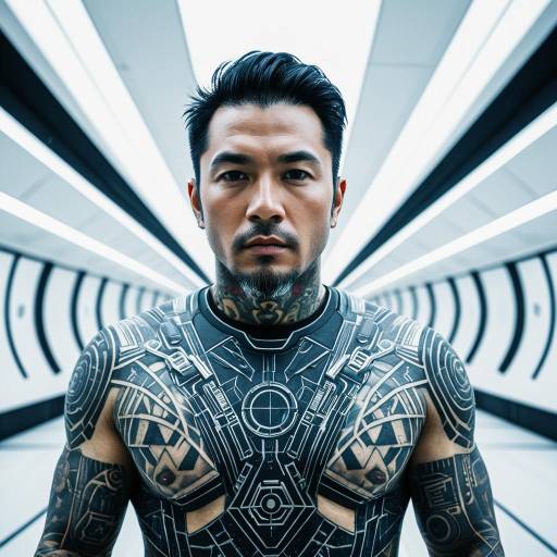 Cyberpunk East Asian Man with Futuristic Tattoos