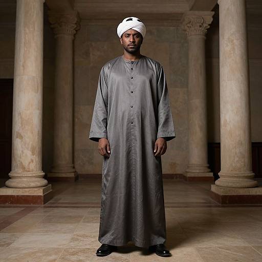 Photograph of a dark-skinned man in a gray traditional long robe and white headscarf, standing in a columned, stone-walled room