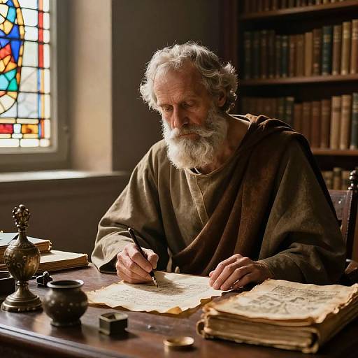 Photograph of an elderly white man with a white beard, wearing a brown robe, writing in an illuminated manuscript in a sunlit, book-filled library