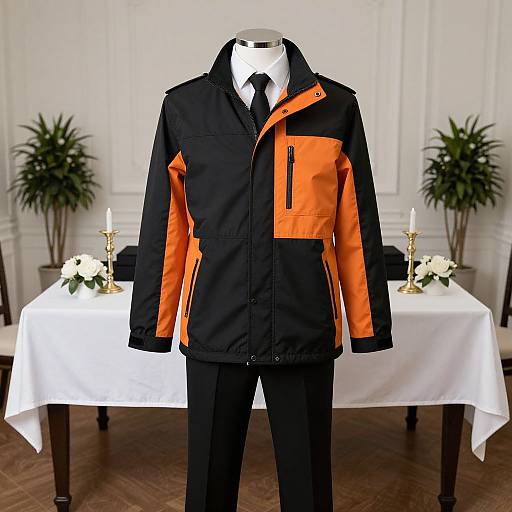 Photograph of a black and orange outdoor jacket displayed on a headless mannequin, with black pants, white shirt, and black tie, in