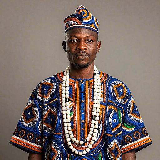 Photograph of a Black man in colorful, patterned traditional African attire with white bead necklace and matching hat, against a gray background.