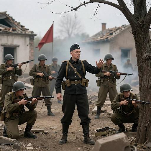 WWII Soldiers in a Ruined Village