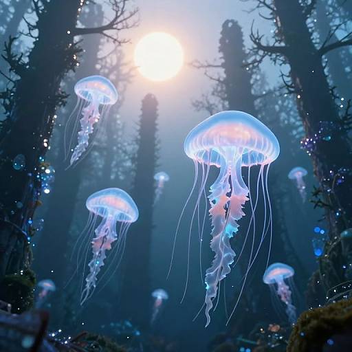 Photograph of glowing, translucent jellyfish with pink accents floating in a mystical, foggy forest illuminated by a bright sun.