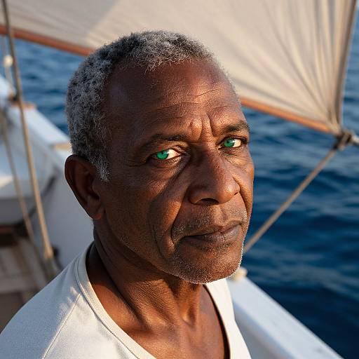Photograph of an elderly African man with short gray hair, dark skin, green eyes, and a white shirt, standing on a sailboat with a
