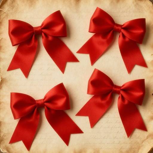 Photograph of four vibrant red satin bows with neatly tied tails, arranged in a 2x2 grid on a textured, aged parchment background.