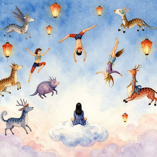 Watercolor illustration of children and fantastical creatures flying upside down, surrounded by hanging lanterns against a blue sky background.
