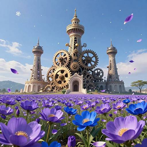 Digital artwork of a whimsical, steampunk-style castle with large gears, surrounded by vibrant purple and blue flowers, under a clear blue sky.