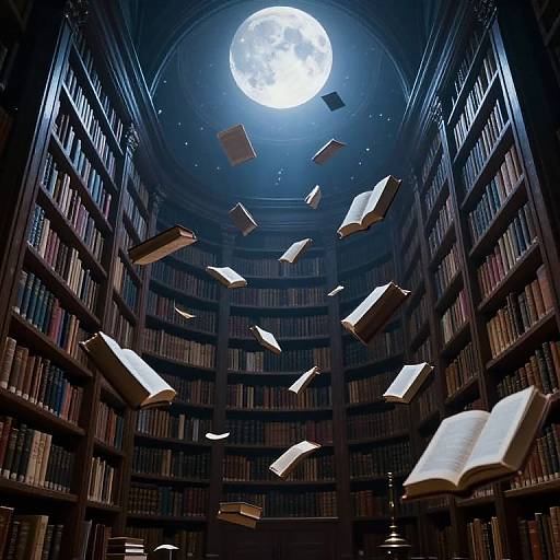 Photograph of a moonlit library with floating books, surrounded by tall, dark wooden shelves filled with books, creating a mystical atmosphere.