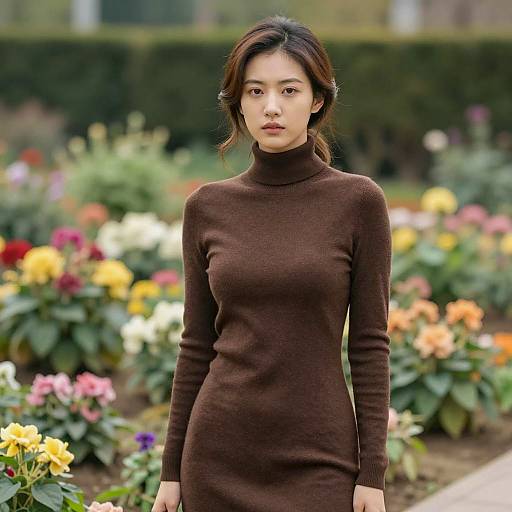 Young Asian Woman in Brown Sweater Dress in Garden