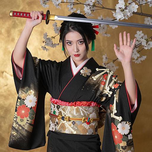 Woman in Traditional Japanese Kimono Holding Katana