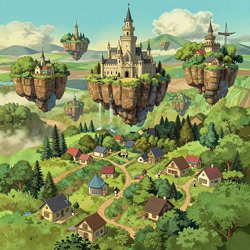 Digital painting of a whimsical floating castle village, featuring several airborne castles, lush green landscapes, winding paths, and quaint houses. Bright, colorful