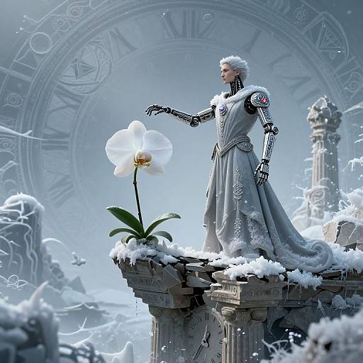 Digital art: Cybernetic human in a snowy, clock-themed landscape, standing on a snow-covered pedestal, touching a white orchid flower.