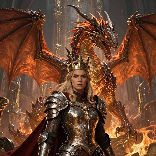 Digital fantasy artwork of a blonde, armored woman with a crown, standing before a fiery, winged dragon in a grand, burning castle.