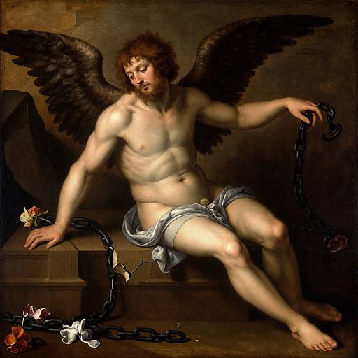 Baroque painting of a muscular, bearded angel with dark wings, sitting on stone steps, holding a chain, draped in a white cloth, with