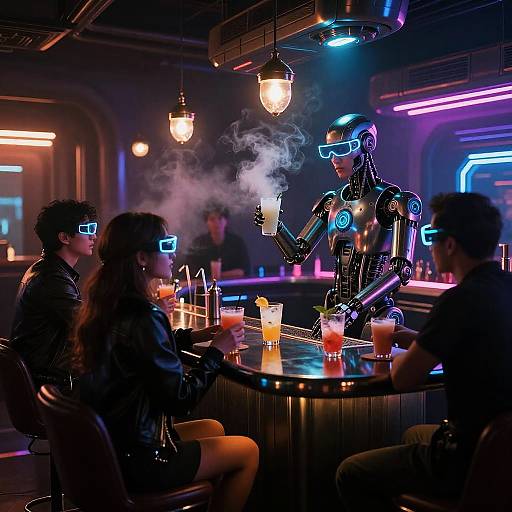 Neon-lit bar scene: Three people in VR headsets, a smoking humanoid robot bartender, and glowing drinks under hanging lamps. Cyberpunk aesthetic