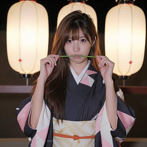 Asian Woman in Kimono with Lanterns