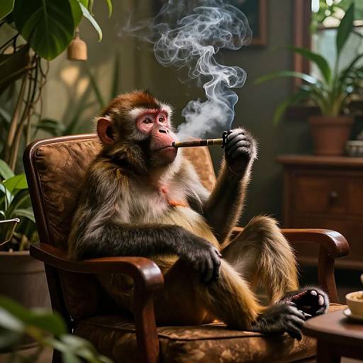 Photograph of a relaxed, smoking monkey in a vintage armchair, surrounded by lush green plants, with smoke curling upwards.