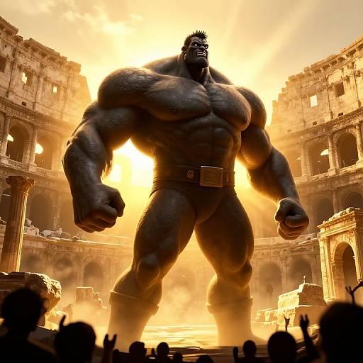 CGI image of a hyper-muscular, dark-skinned superhero with spiked hair standing in an ancient, sunlit, ruined amphitheater,