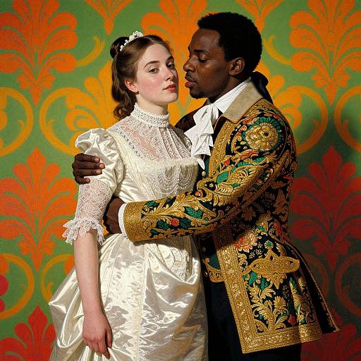 Photograph of a white bride in a lace and satin dress, gently kissed by a Black groom in an ornate, gold and green embroidered jacket,