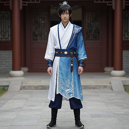 Photograph of an East Asian man in traditional blue and white Korean hanbok, standing in front of a red wooden temple.