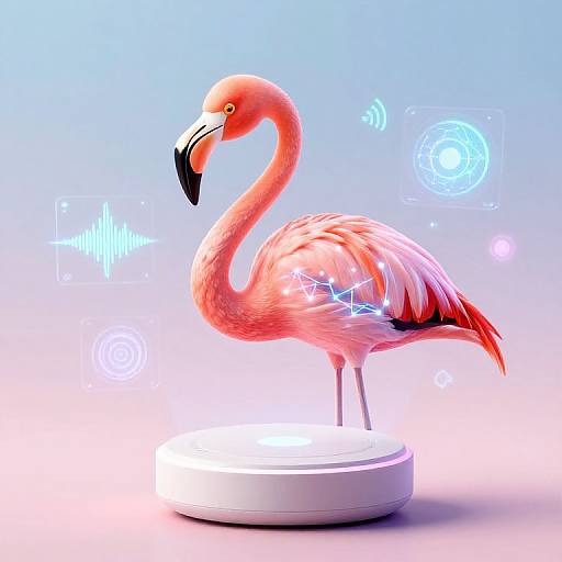 Digital illustration of a pink flamingo with glowing white star patterns, standing on a white circular base, set against a gradient blue-to-pink background with