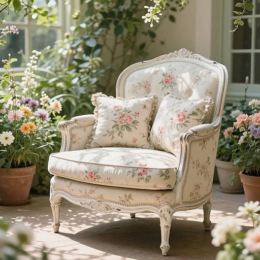 Photograph of an elegant, vintage-style armchair with floral upholstery, set in a sunlit garden surrounded by blooming flowers and potted plants.