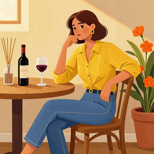 Digital illustration of a woman with short brown hair, wearing a yellow shirt and blue jeans, sipping wine at a wooden table with orange flowers and re