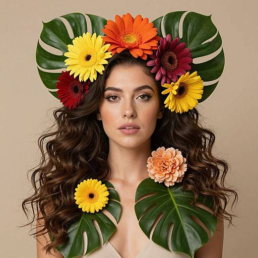 Photograph of a woman with long, wavy dark hair, wearing a floral crown of orange, yellow, and red flowers, and large green mon