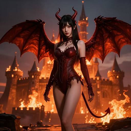 Digital artwork of a seductive demon woman with black horns, red wings, and corset, standing in front of a burning castle.