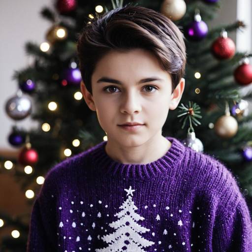 Boy in Purple Christmas Sweater by Tree