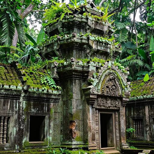 Photograph of an ancient, moss-covered stone temple surrounded by dense, green tropical foliage. The temple features intricate carvings and two dark, empty