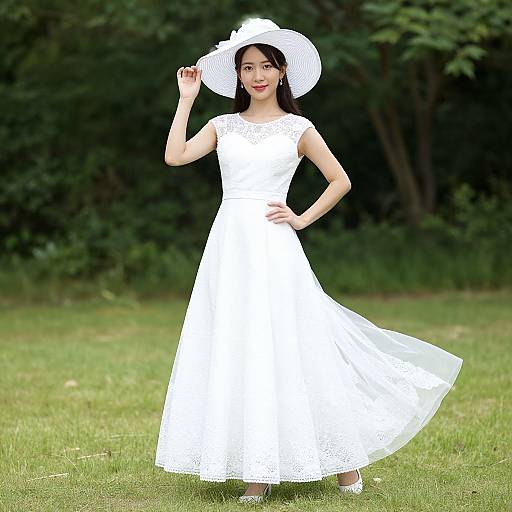 Asian woman in white lace dress and wide-brimmed hat, standing on grass, holding hat with one hand, forest background. Photographic image.