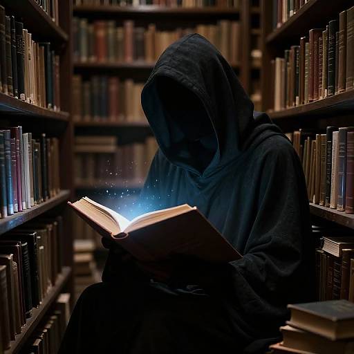 Photograph of a person in a black hooded cloak, reading an illuminated book in a dimly lit, book-filled library.