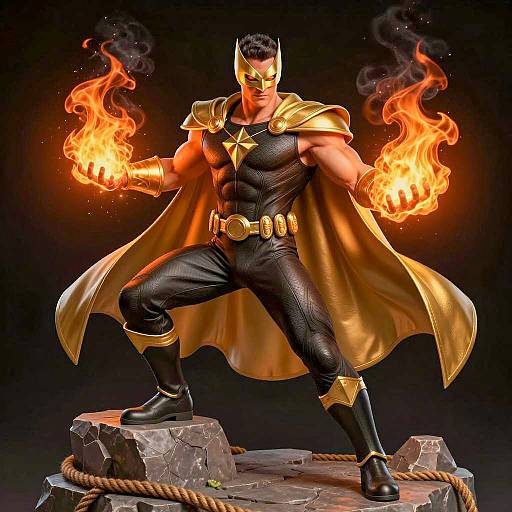 Superhero in Black and Gold Costume with Fire Powers