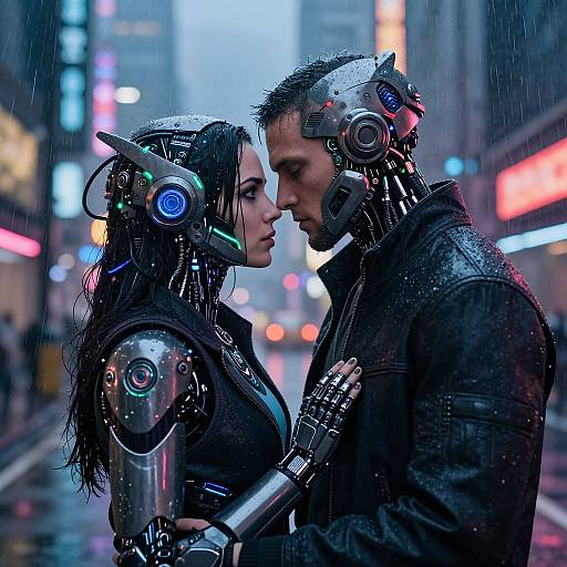 Photorealistic CGI of a cybernetic couple, woman and man, in a rain-soaked, neon-lit city street, facing each other