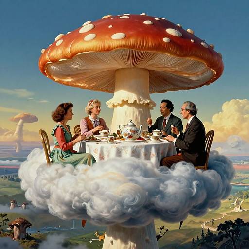 Magical illustration of four people sitting on a cloud under a giant red-and-white-spotted mushroom, having tea with a scenic landscape below.