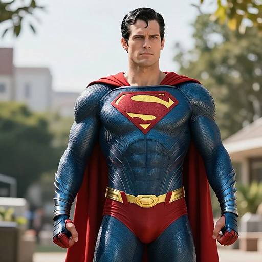 Photorealistic CGI of muscular Superman with blue, textured suit, red cape, yellow belt, and prominent 