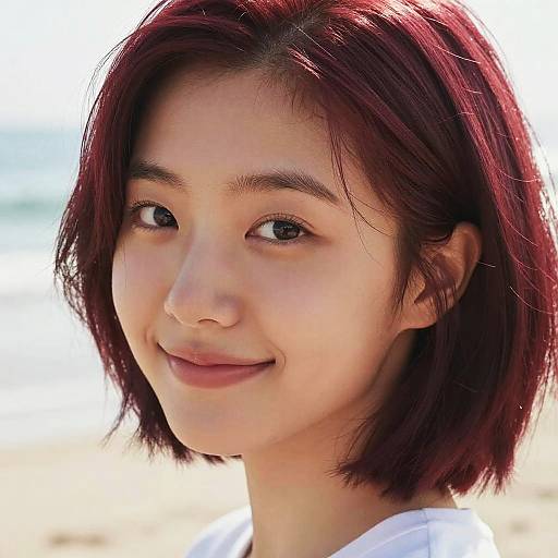 Smiling Young Korean Woman with Magenta Bob Hair at Beach