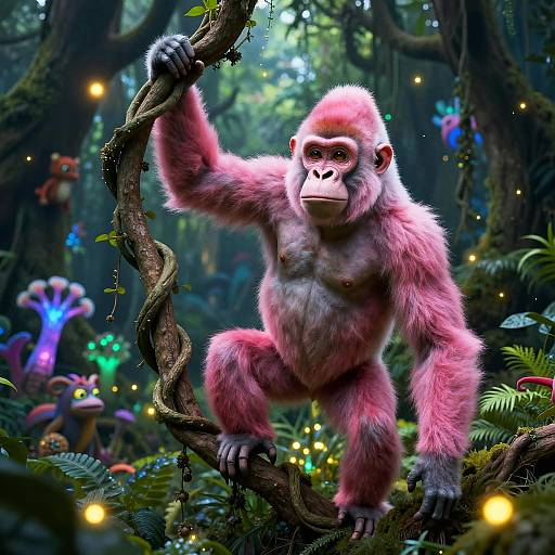 Digital art of a pink-furred, muscular monkey with a serious expression, climbing a twisted tree in a vibrant, enchanted forest, illuminated by glowing fire