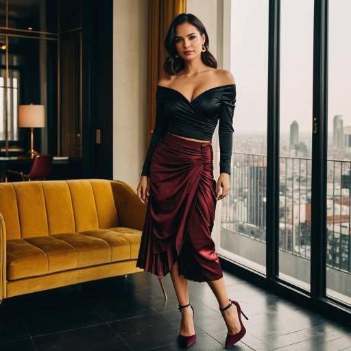 Elegant Woman in Black Top and Burgundy Skirt