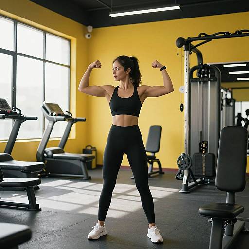 Photograph of a fit woman with dark hair in a ponytail, wearing black sports bra and leggings, white sneakers, flexing arms in a bright