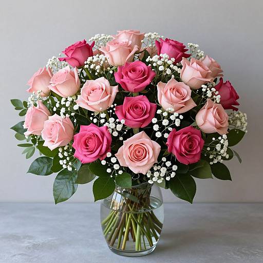 Photograph of a bouquet featuring pink and red roses with white baby's breath, set in a clear glass vase on a white surface.